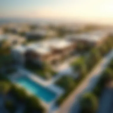 Aerial Perspective of Premium Property Development Aerial view of a high-end Dubai property development project.