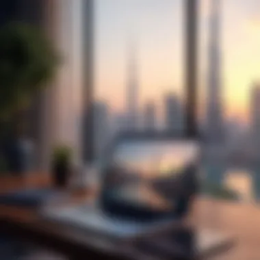 Freelancing in the Heart of Dubai A professional workspace with a laptop and Dubai landmarks in the background