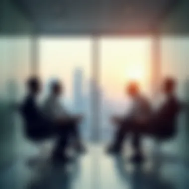 Business Discussion on Partitioned Space Rental Business professionals discussing rental options in a partitioned office