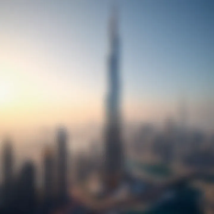 A panoramic view of Dubai's skyline featuring the Exchange Tower as a central highlight.